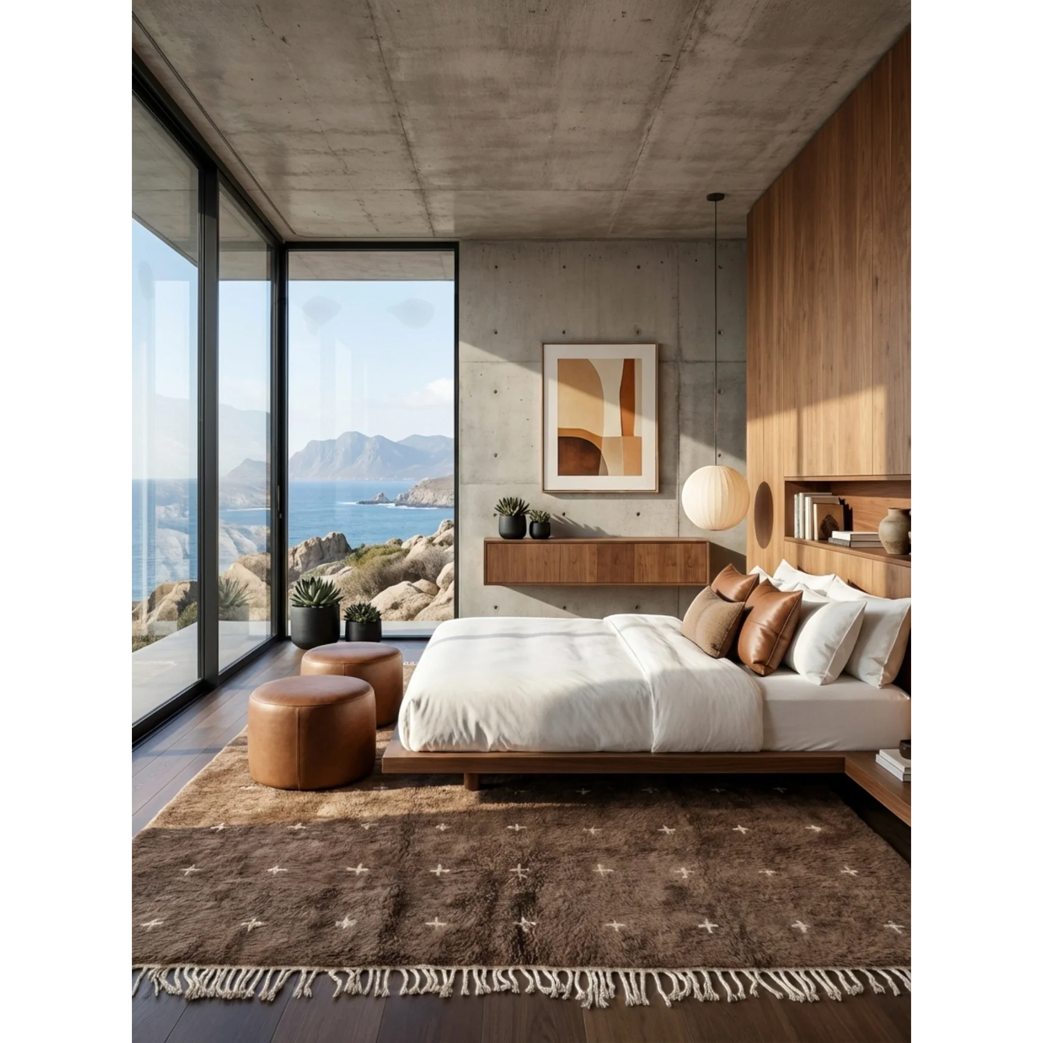 Targa taupe Beni Ourain rug styled in a refined contemporary bedroom.