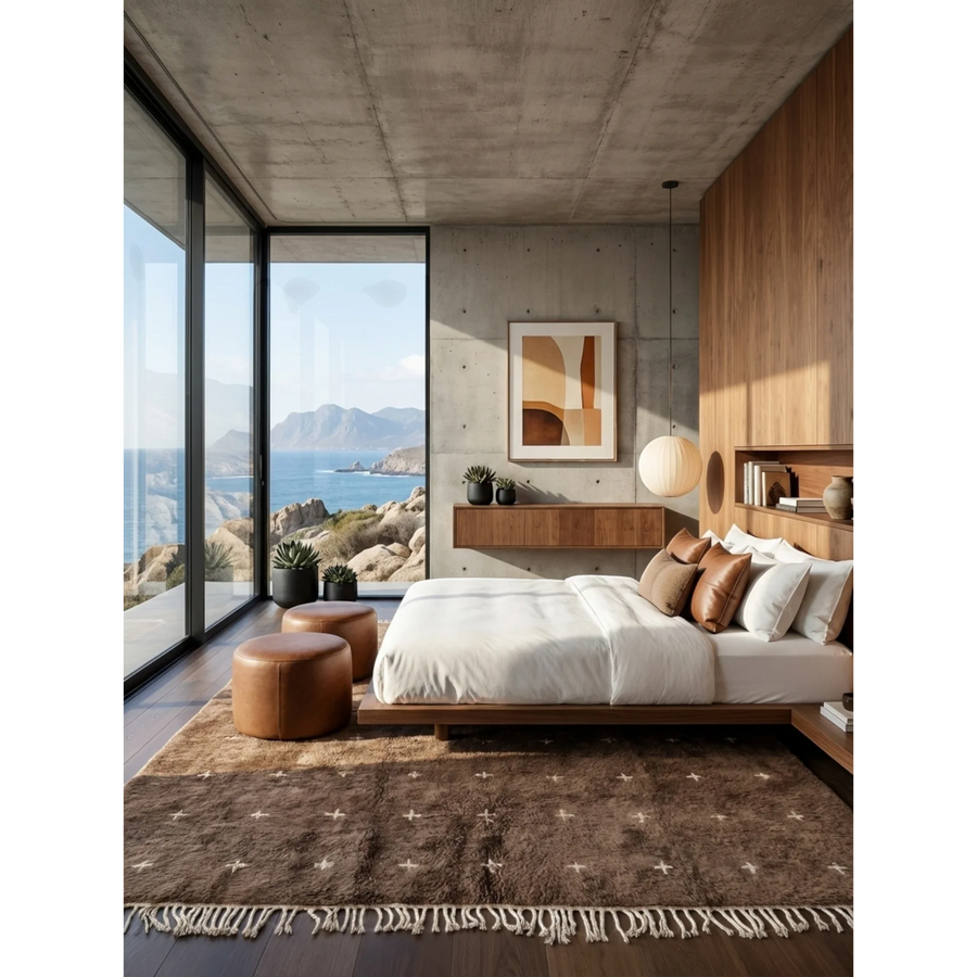 Targa taupe Beni Ourain rug styled in a refined contemporary bedroom.