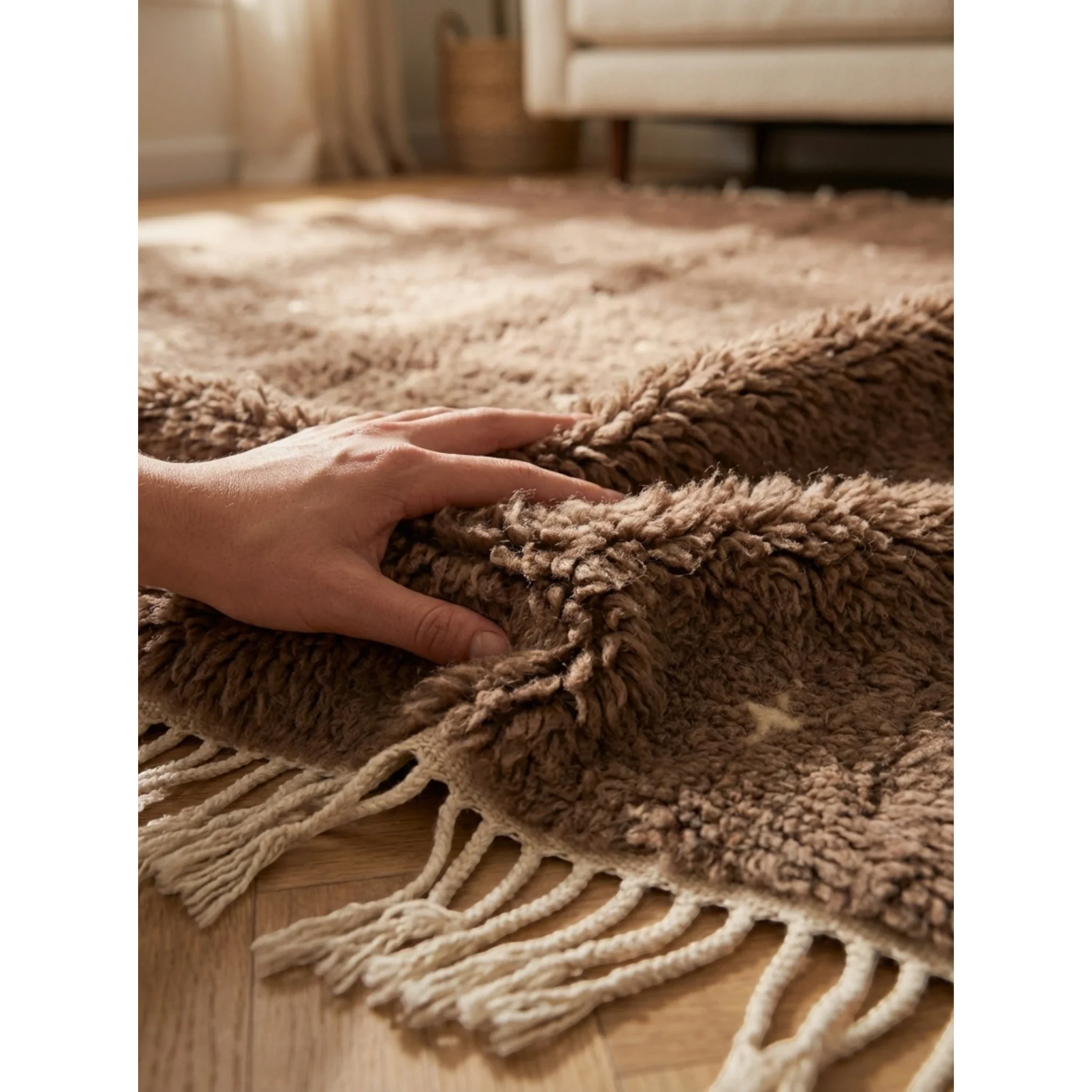 Soft hand-knotted taupe Atlas wool texture and ivory fringe of the Targa rug.