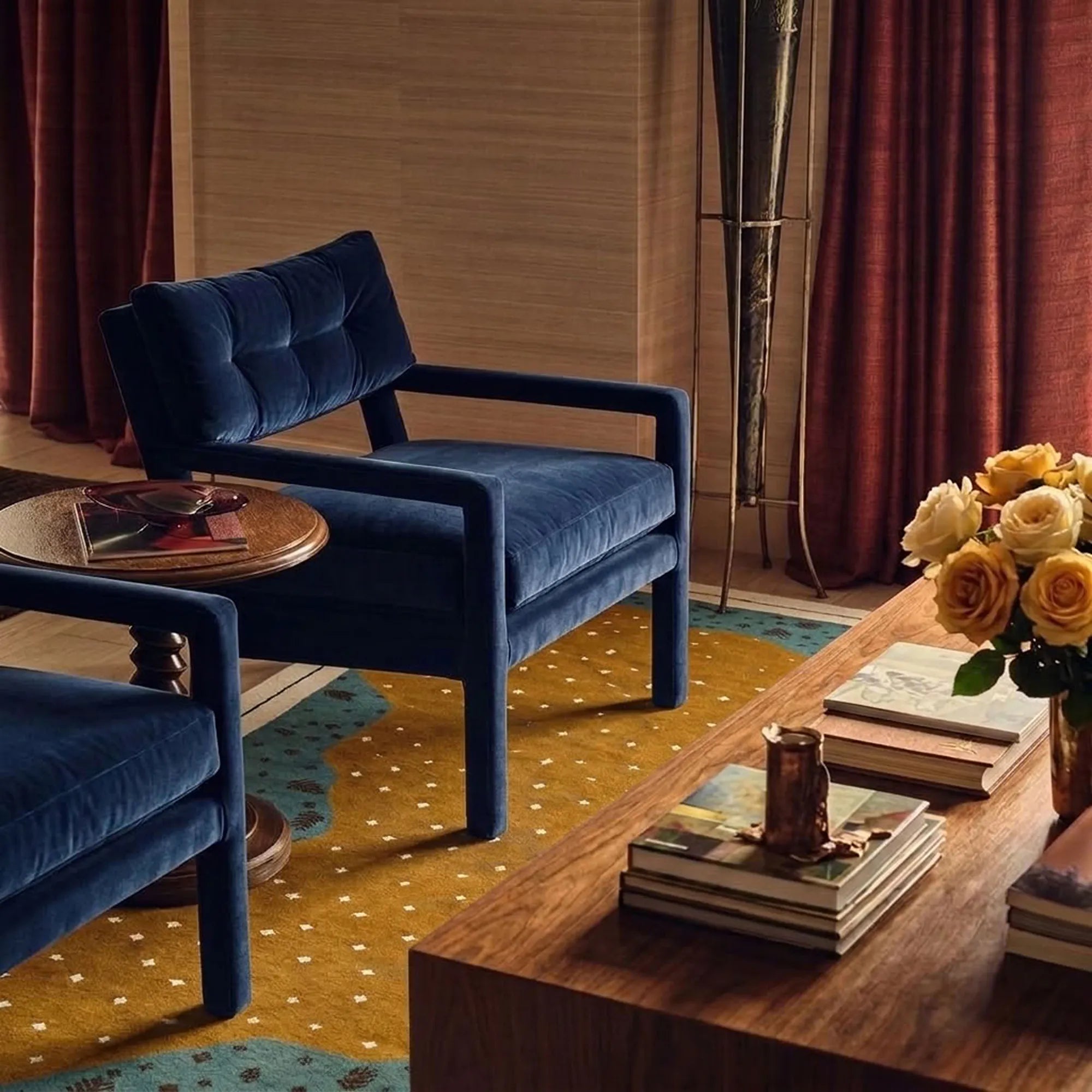 Ochre Zanafi rug Tassout with dotted organic field in a modern living room