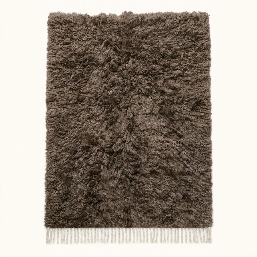 Taupe Beni Ourain rug with undyed ivory fringe, full flat view showing organic shag texture