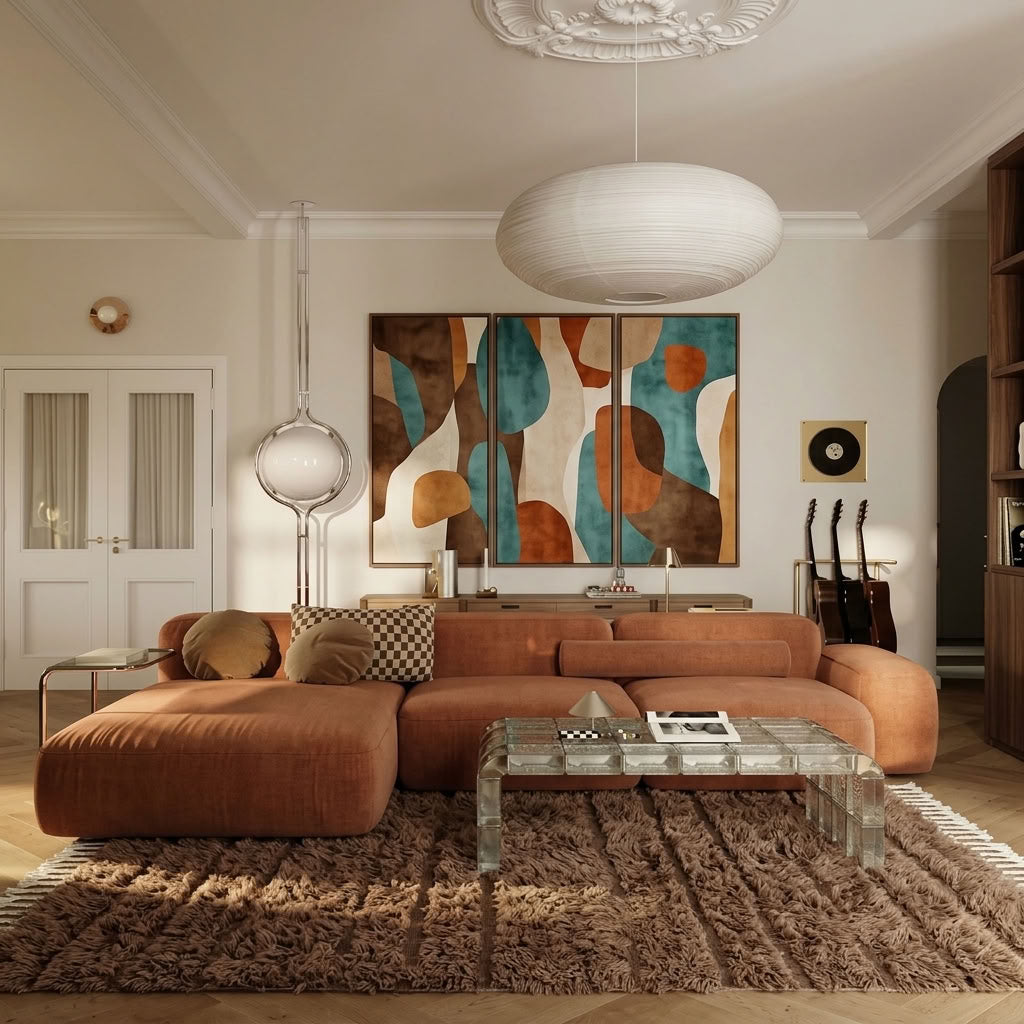 Taupe Beni Ourain rug in modern living room with terracotta sofa and abstract wall art