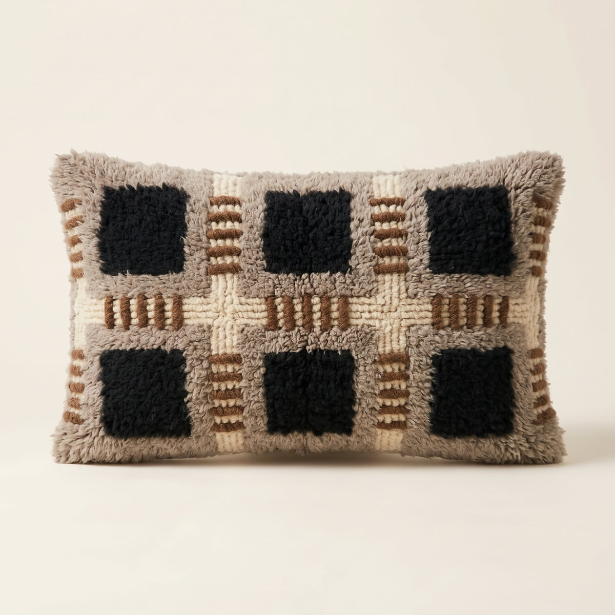 Taupe, Black & Rust Moroccan wool lumbar pillow, Ticked Grid design, 14 x 24 in