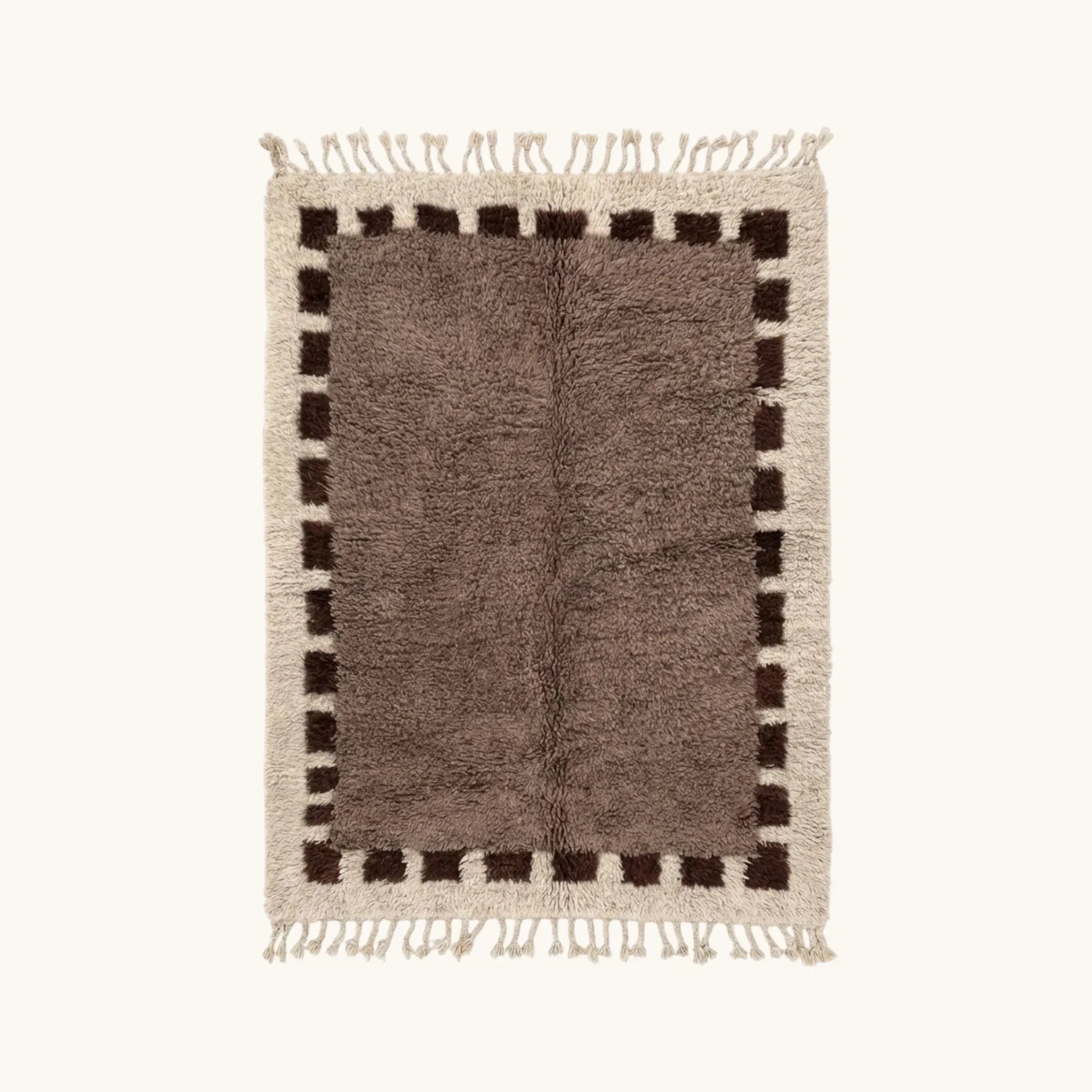 Full view of the Awrir taupe, brown and ivory Beni Ourain rug with a block border design.