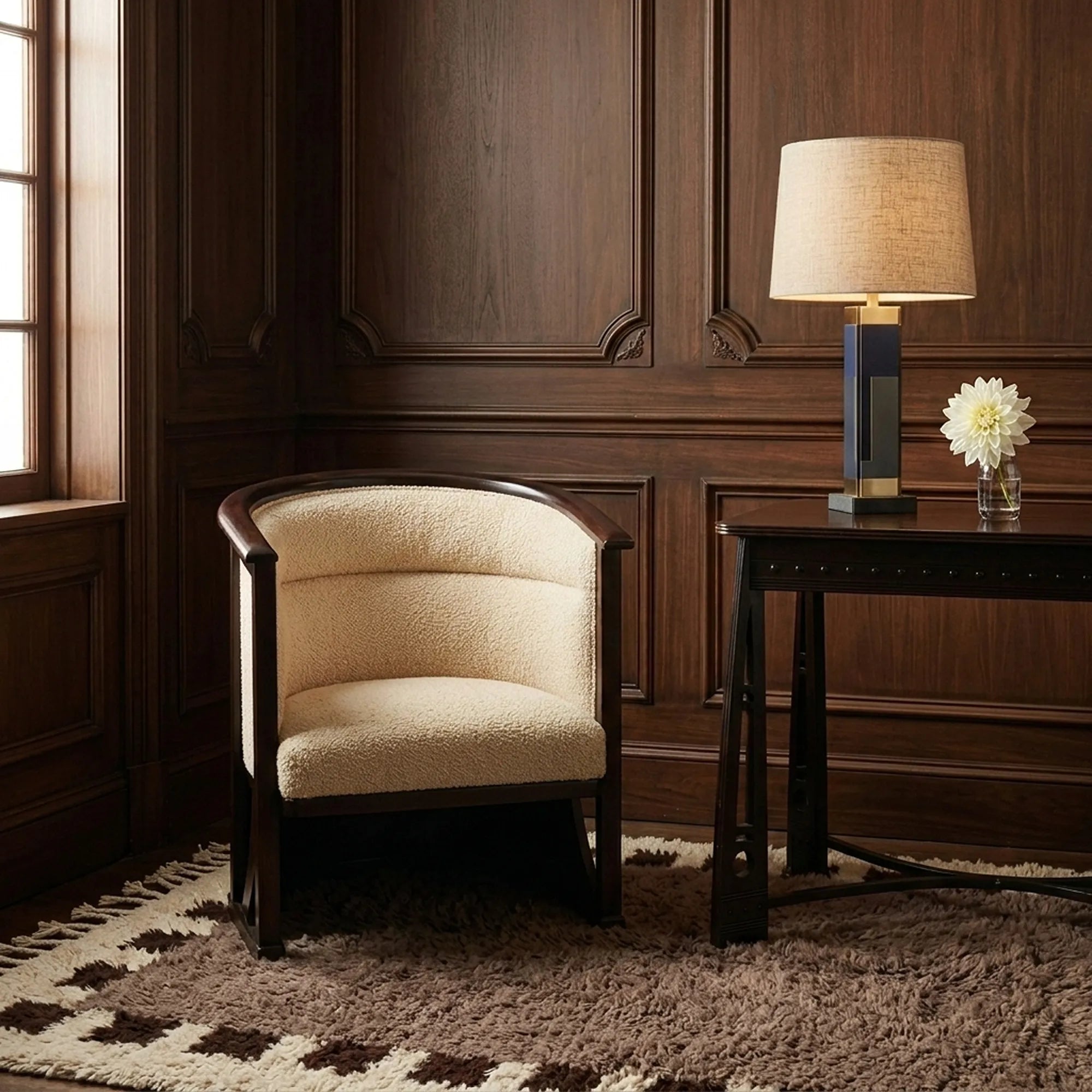 Awrir taupe, brown and ivory Beni Ourain rug styled in a refined interior.
