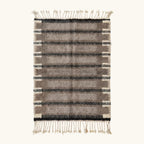 Full view of the Aksel taupe, charcoal and ivory Beni Ourain rug with a horizontal band design.