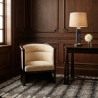 Aksel taupe, charcoal and ivory Beni Ourain rug styled in a refined living room.