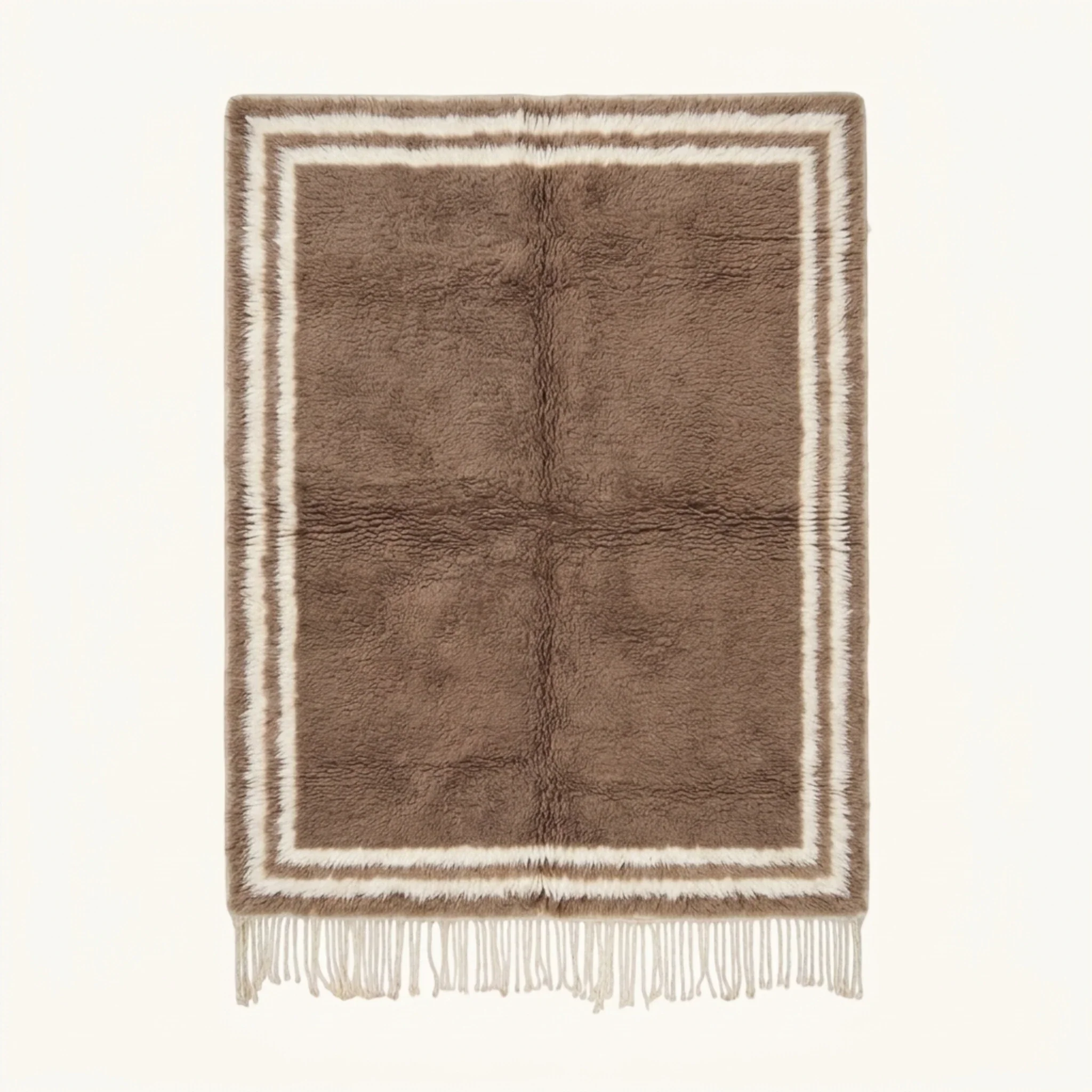 Full view of the Ayyur taupe and ivory Beni Ourain rug with a double border design.