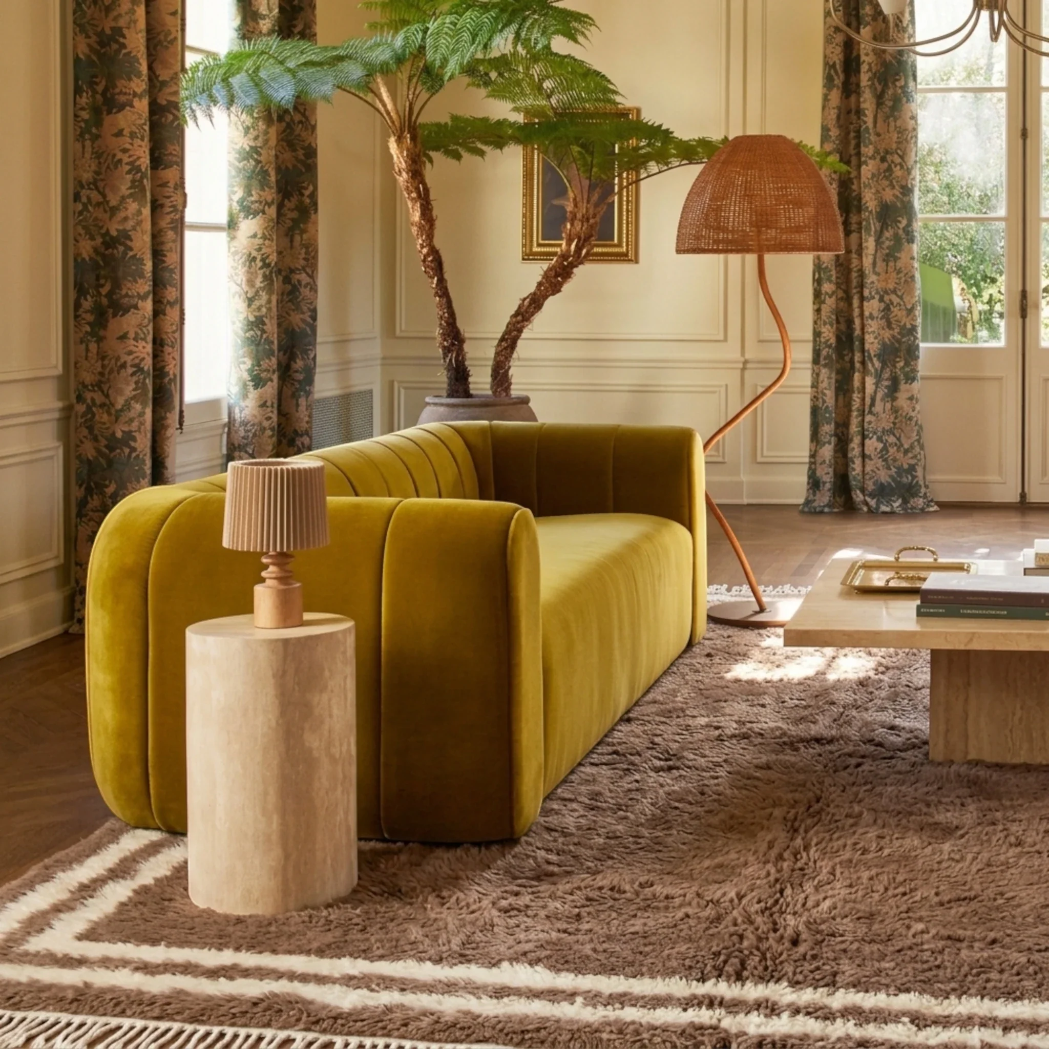 Ayyur taupe and ivory Beni Ourain rug styled in a serene neutral living room.