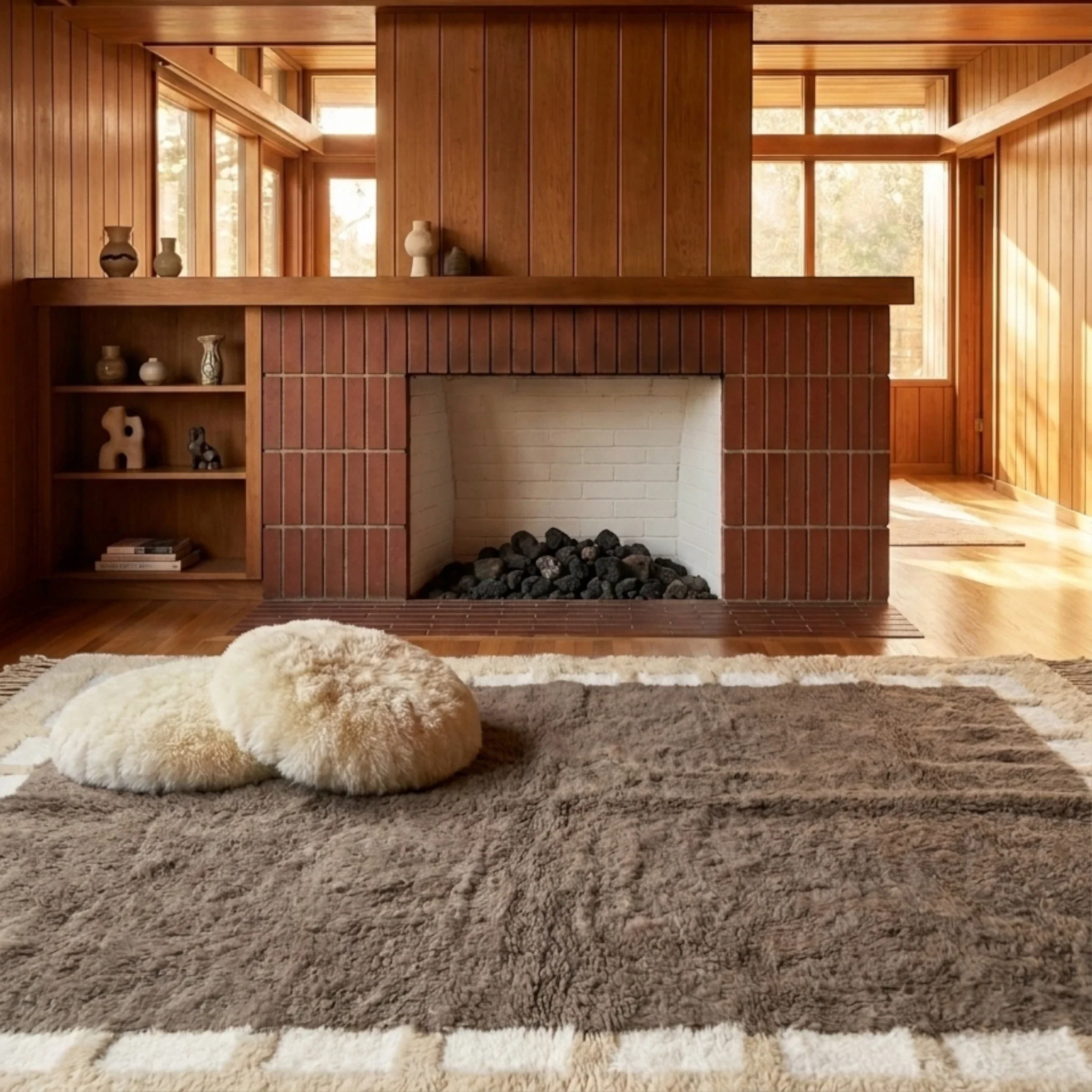 Taupe and ivory Beni Ourain rug in an interior