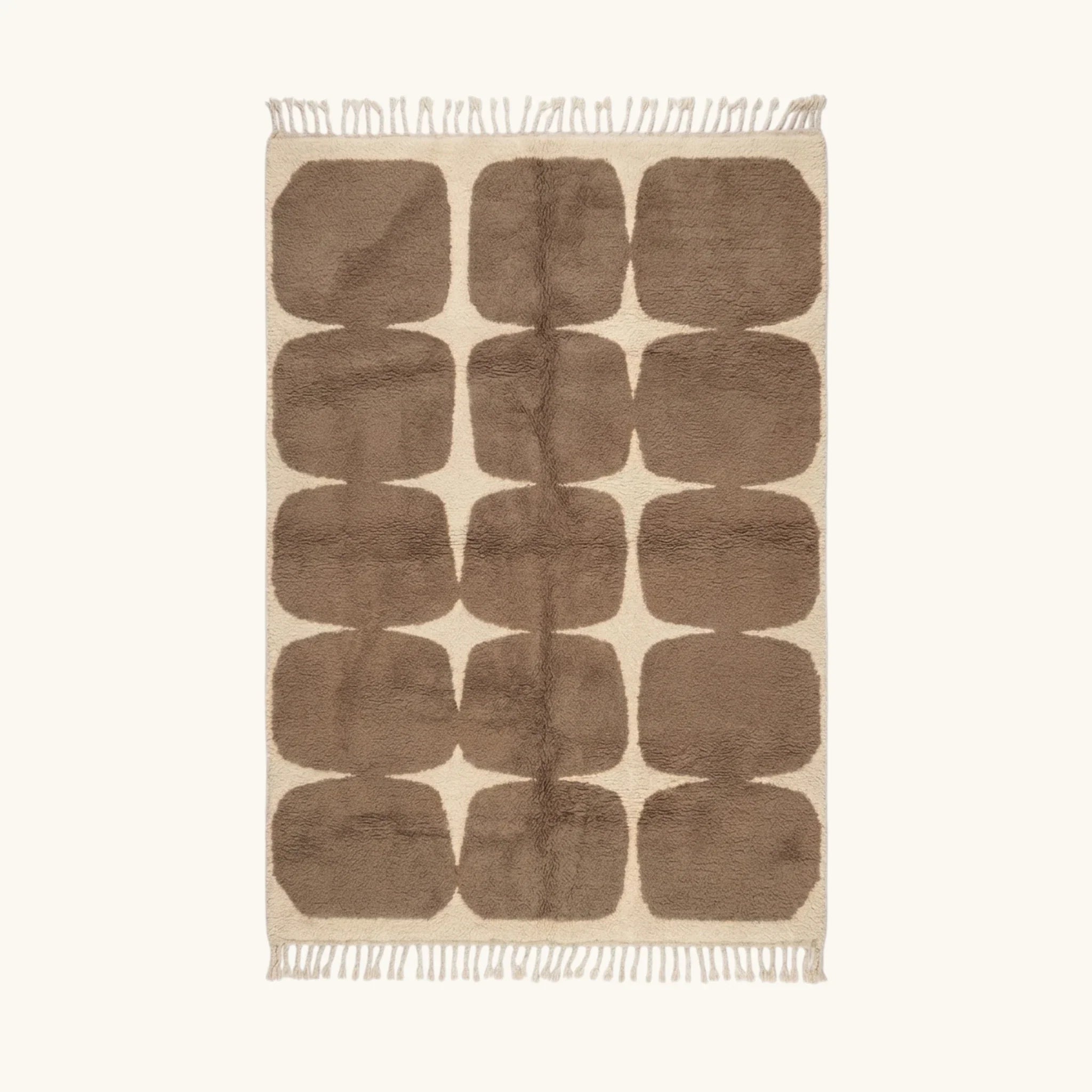 Full view of the Asif taupe and ivory Beni Ourain rug with a rounded grid design.