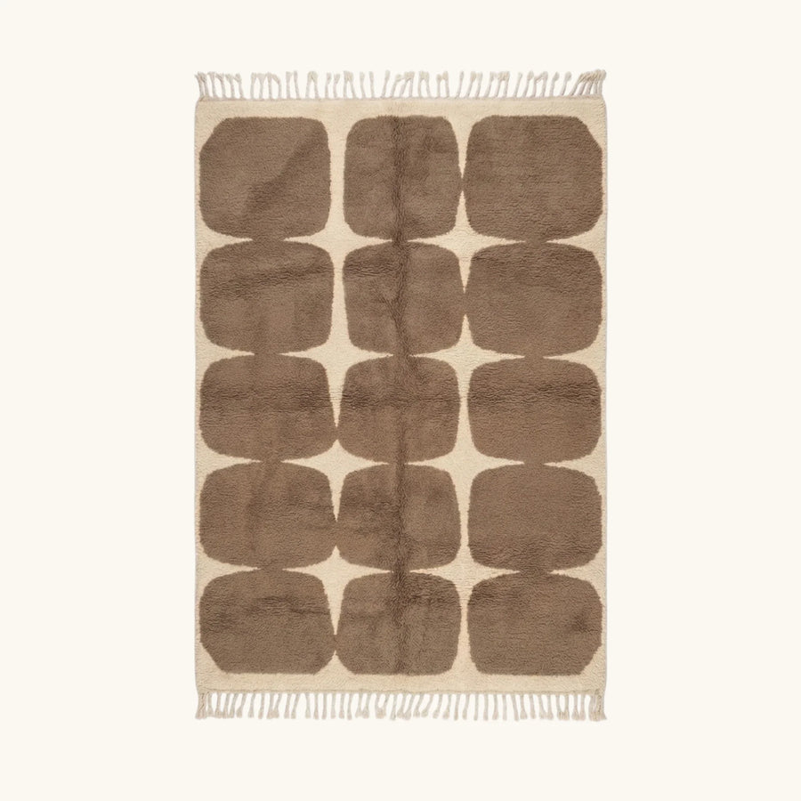 Full view of the Asif taupe and ivory Beni Ourain rug with a rounded grid design.