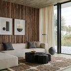 Asif taupe and ivory Beni Ourain rug styled in a refined living room.