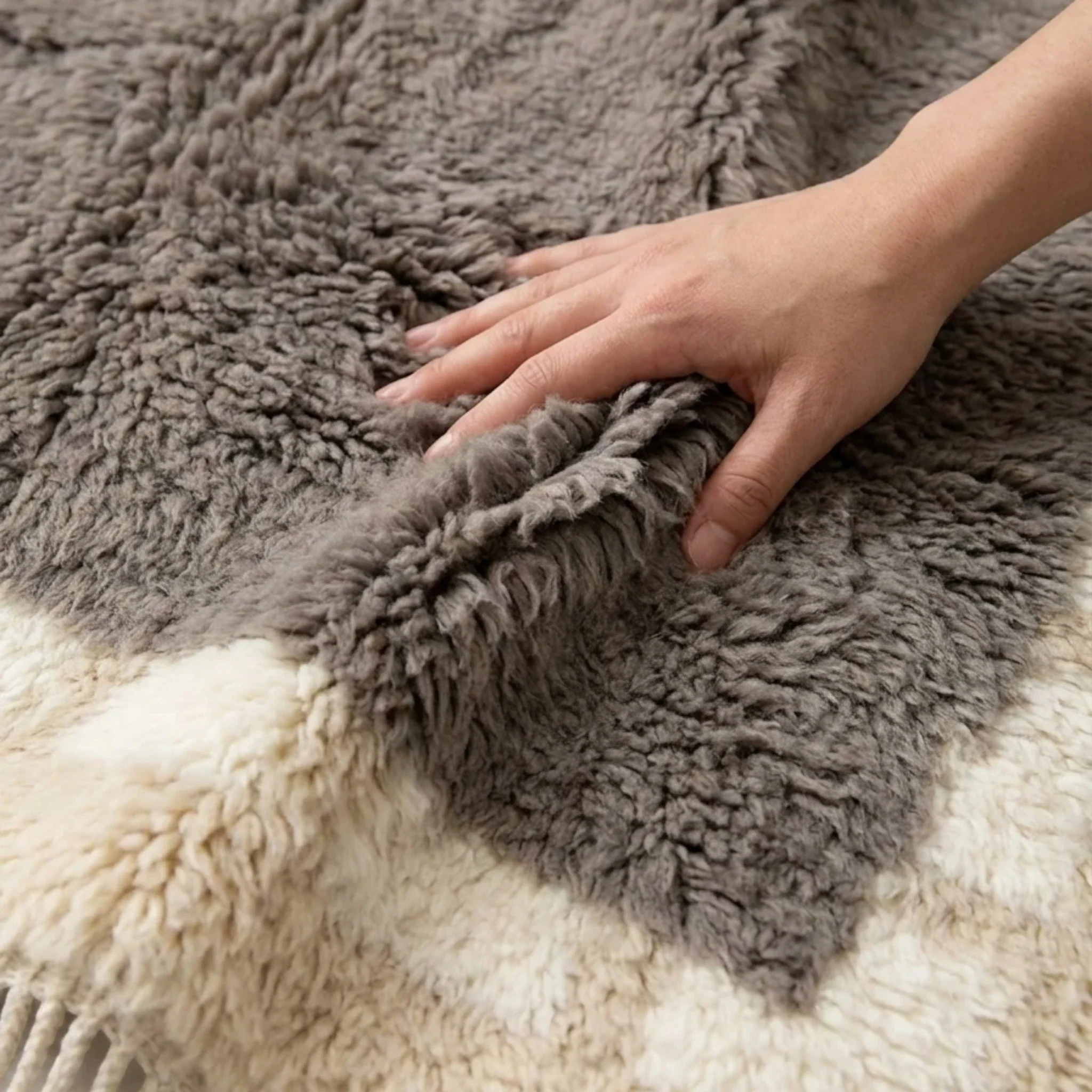 Taupe and ivory Beni Ourain rug softness detail