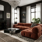 Imal taupe, ivory and black Beni Ourain rug styled in a refined living room.