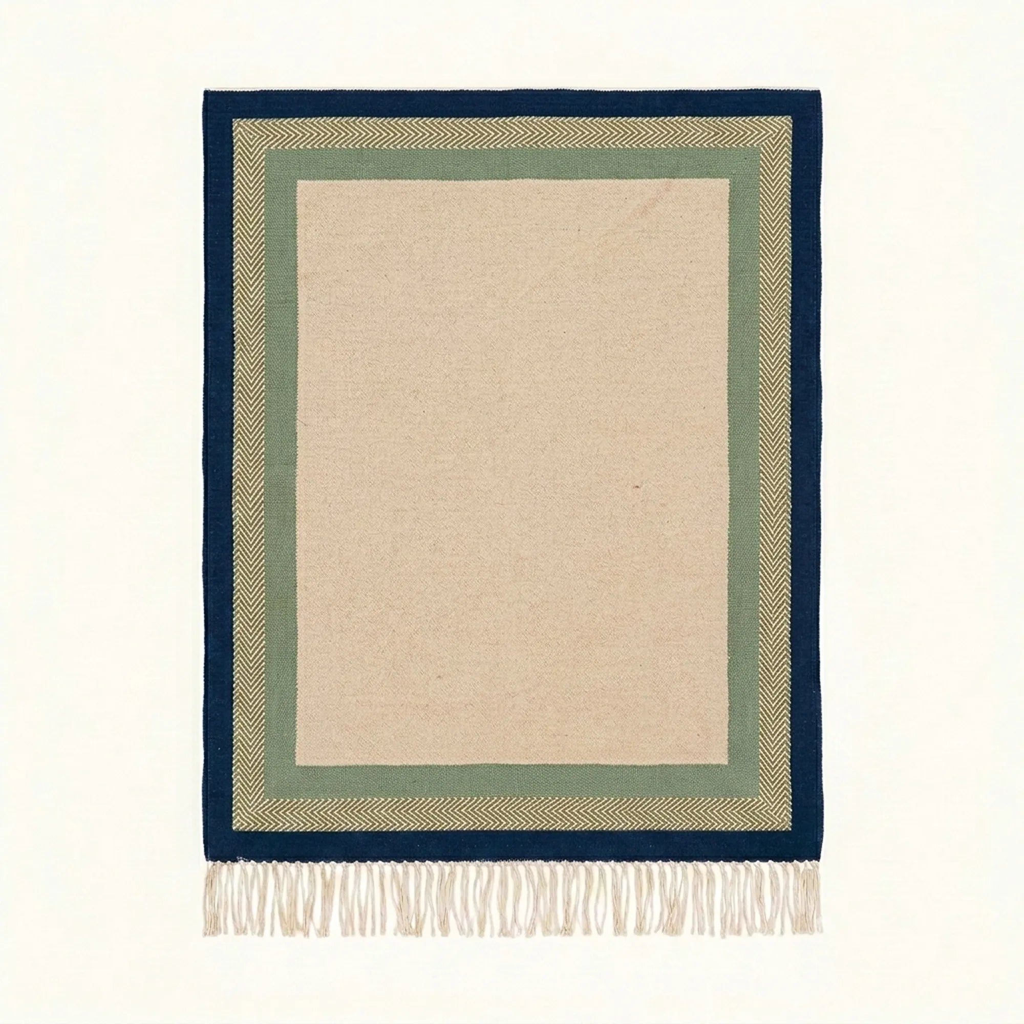 Ivory, sage and navy Zanafi rug Tazalt with layered border design, full rug view
