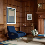 Ivory, sage and navy Zanafi rug Tazalt with layered border design, lifestyle room view