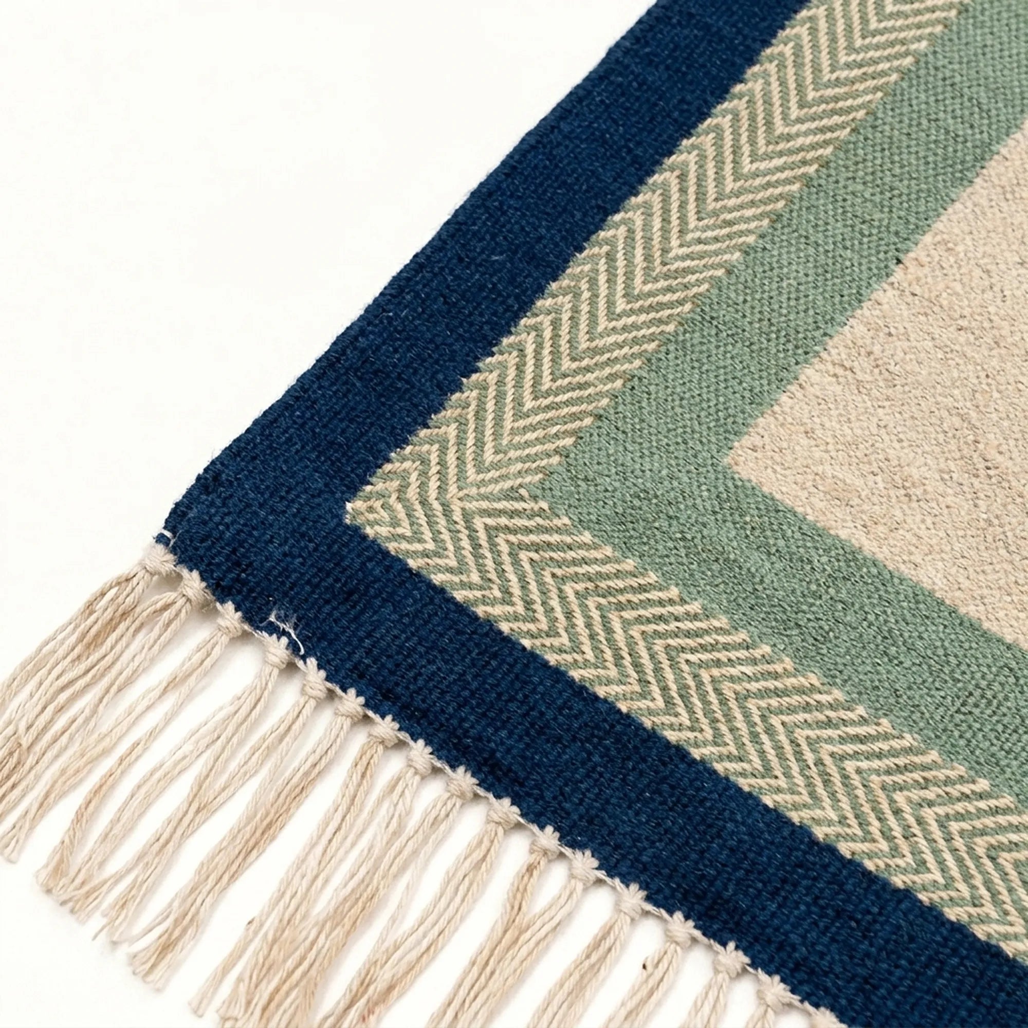 Ivory, sage and navy Zanafi rug Tazalt with layered border design, additional border detail