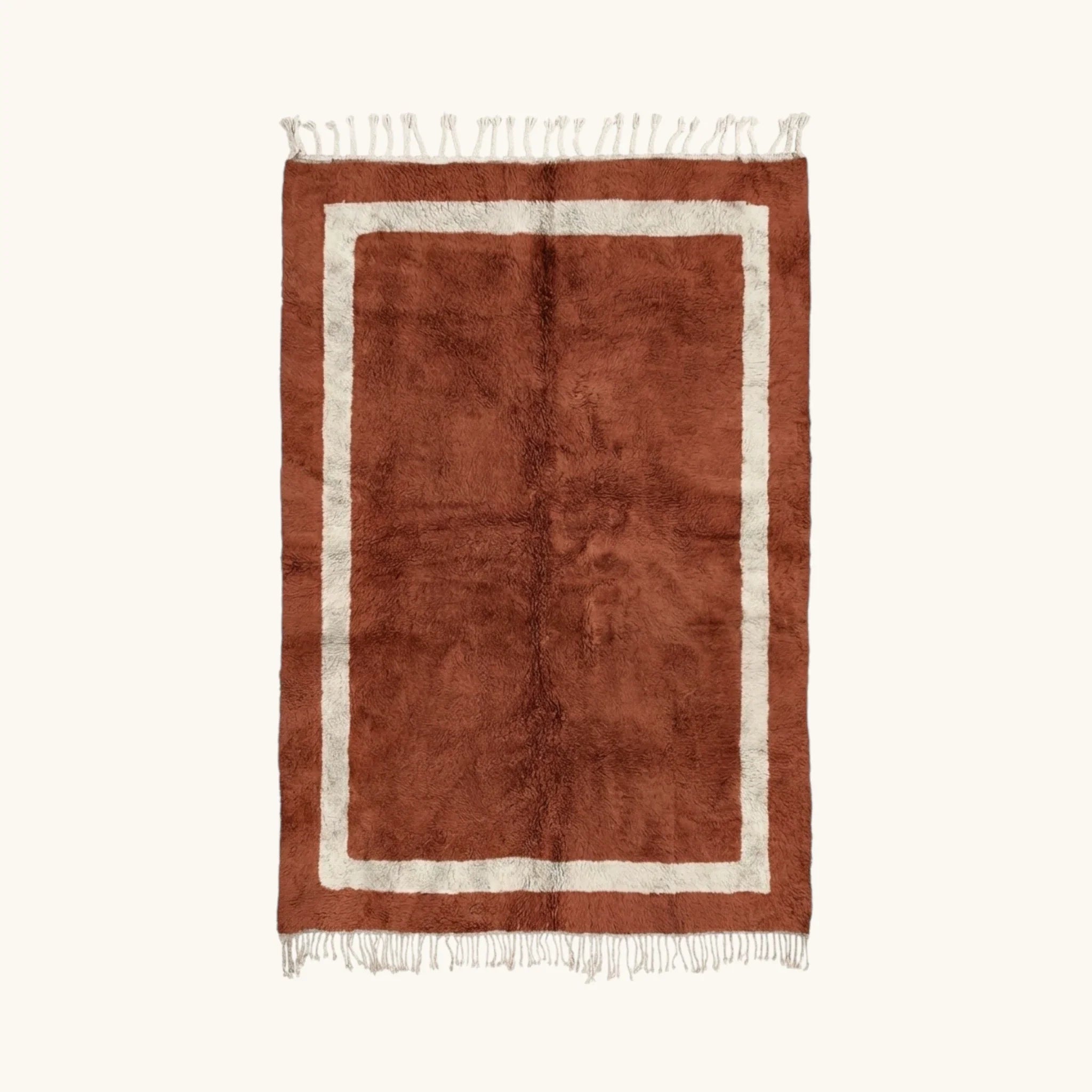 Tazdayt terracotta Beni Ourain rug with framed border design, full view