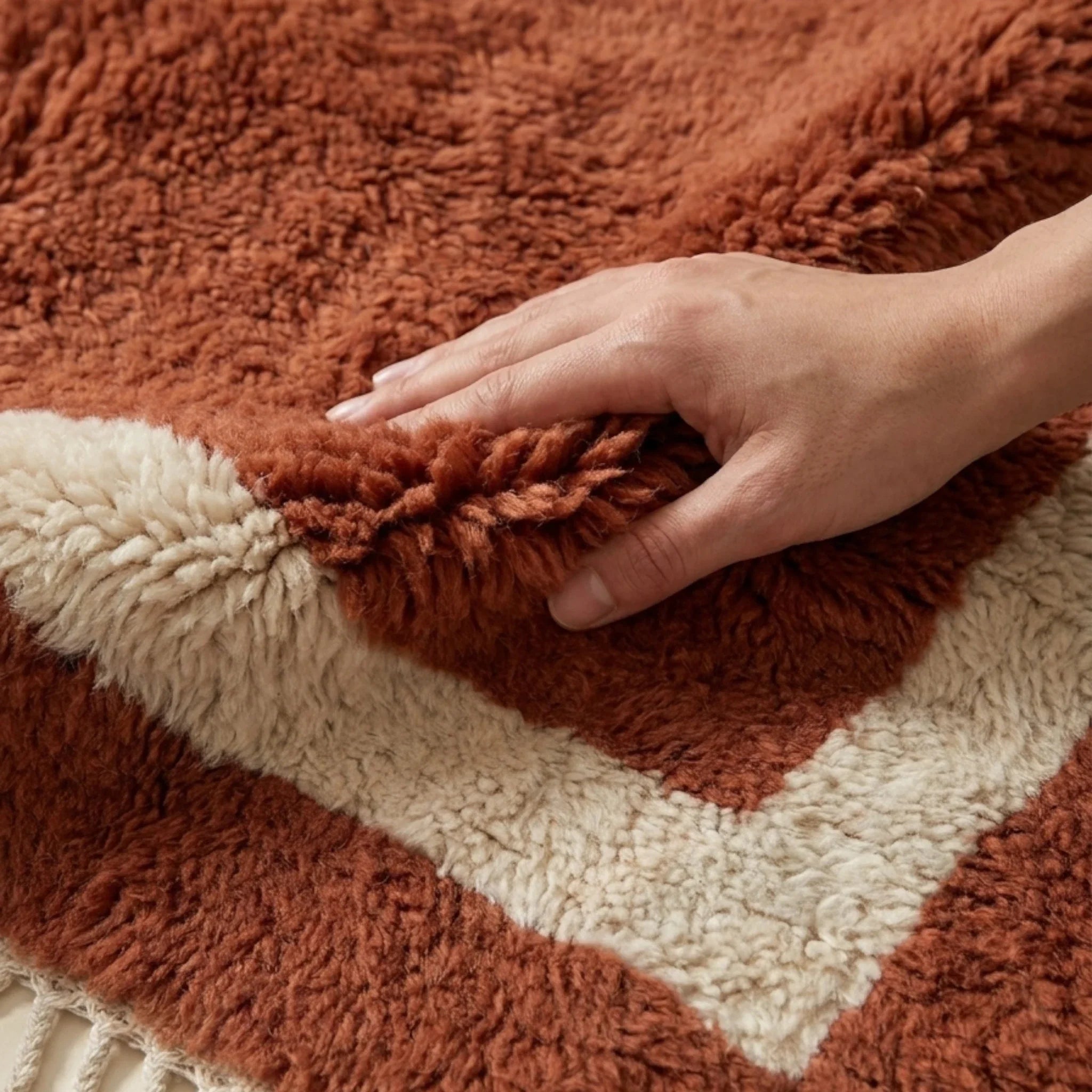 Tazdayt terracotta Beni Ourain rug plush wool softness detail