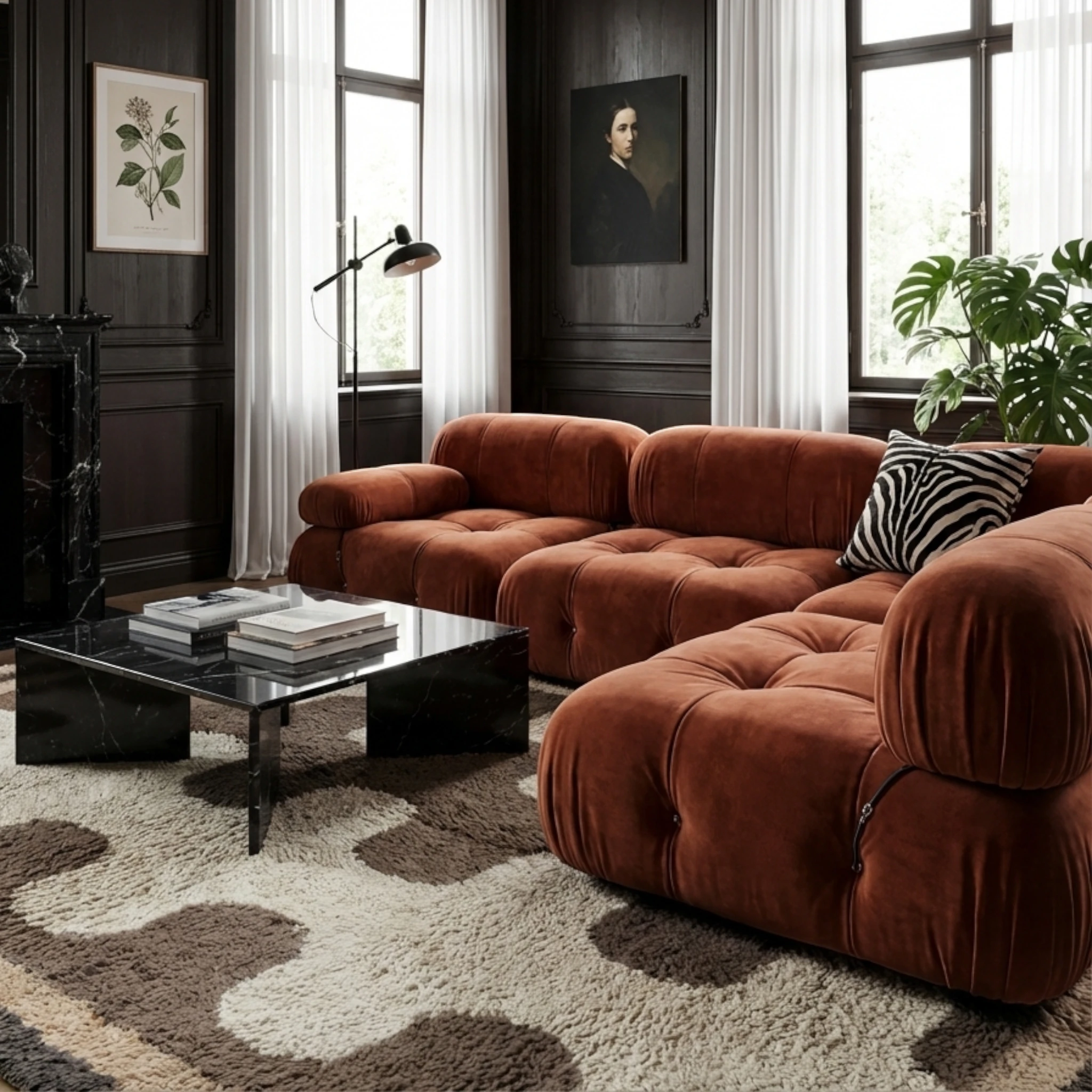 Tazrout taupe and ivory Beni Ourain rug styled beneath a rust velvet sectional in an elegant living room.