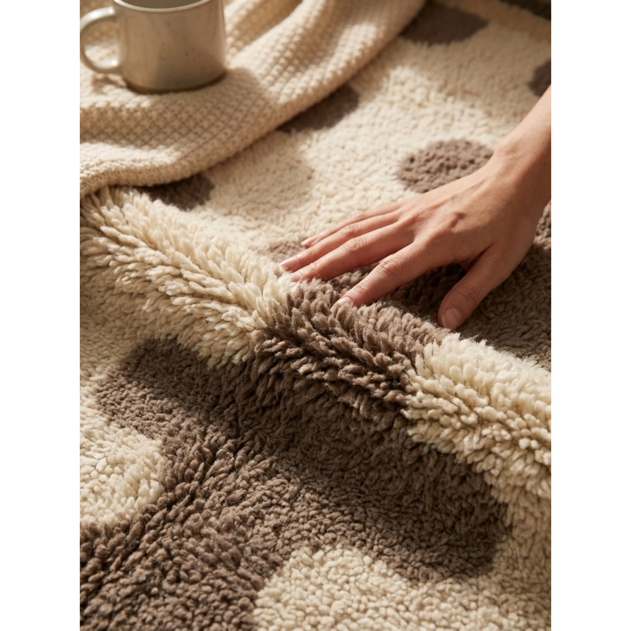 Hand touching the soft high-pile wool of the Tazrout taupe and ivory Beni Ourain rug.