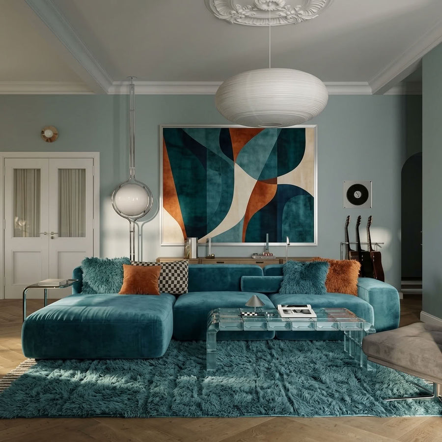 Teal Beni Ourain diamond lattice rug in modern living room with teal sofa and contemporary artwork