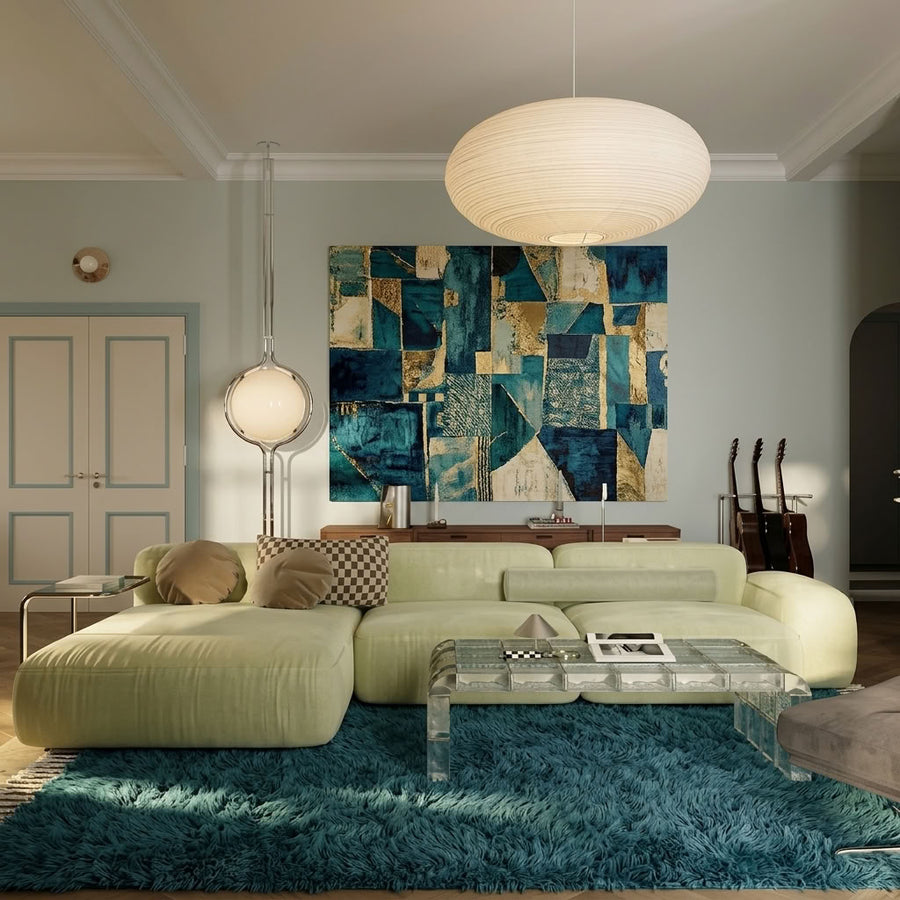 Teal Beni Ourain rug styled in modern living room under curved pendant light with cream sofa