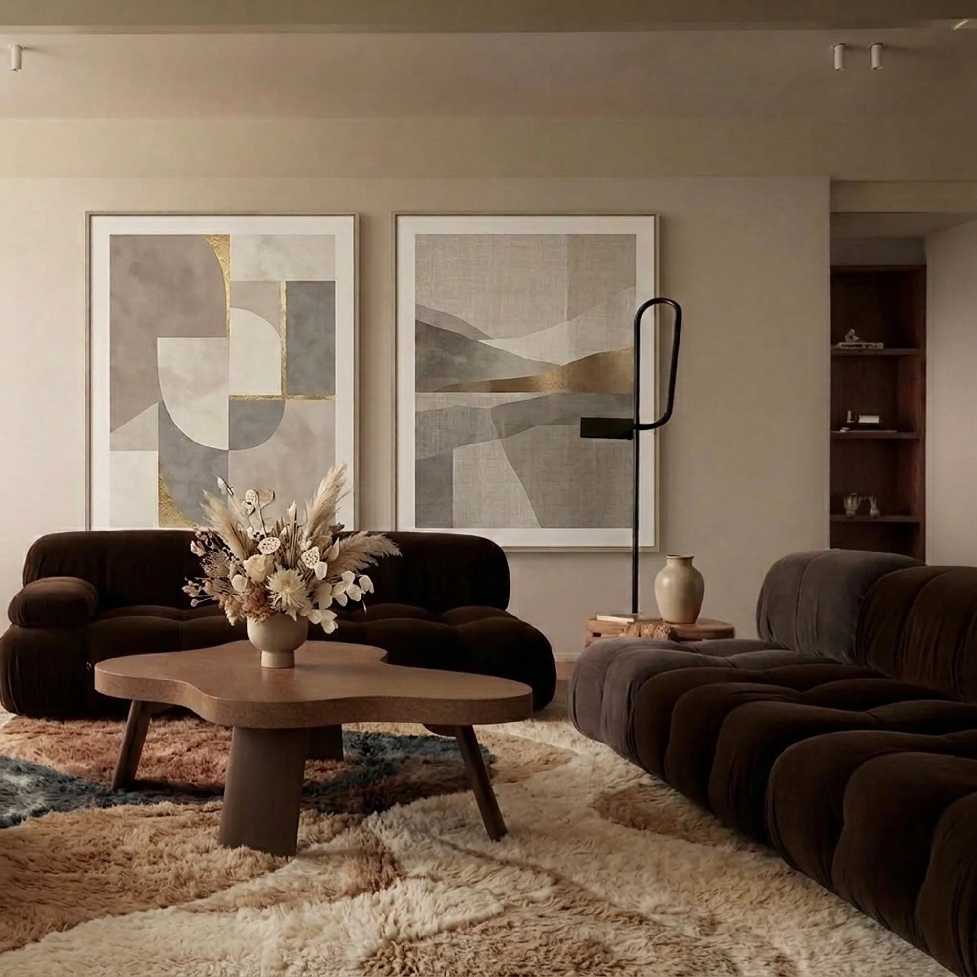 Blush & Teal Mrirt rug Azdar with organic color fields, styled in a living room