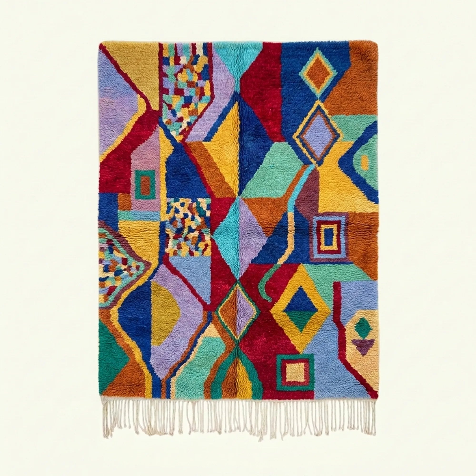 Full view of the Tifawt teal, blue and saffron Boujaad rug with a geometric patchwork diamond design.