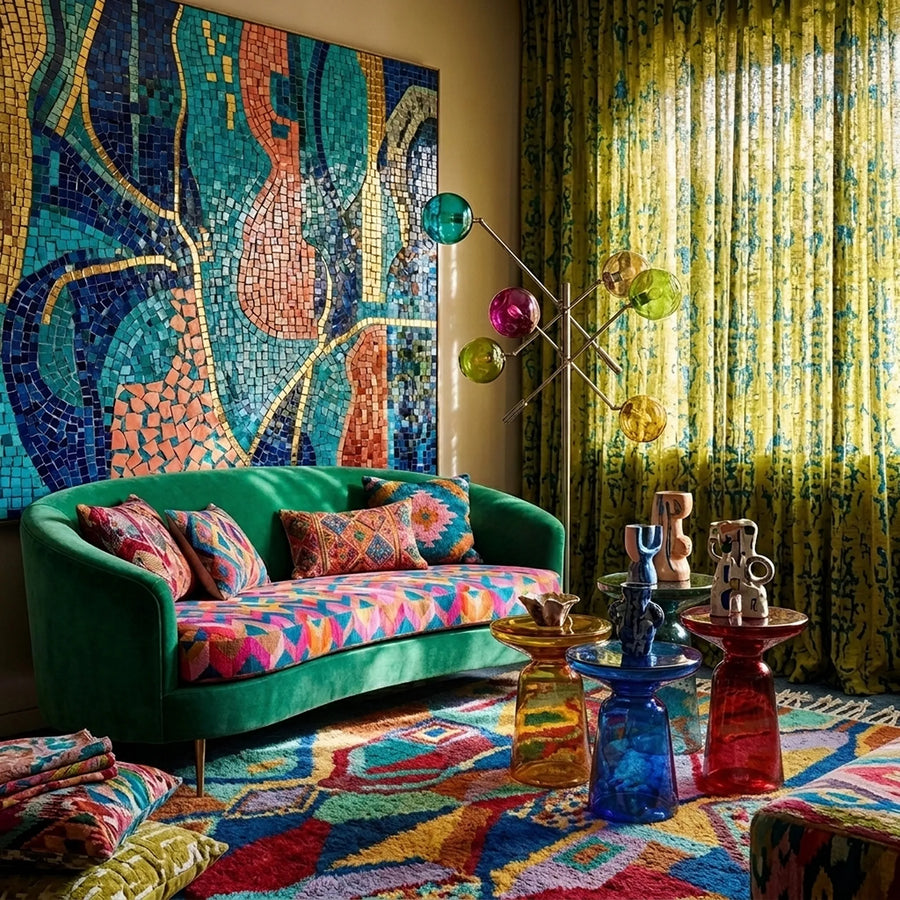 Tifawt colorful Boujaad rug styled in an interior setting.
