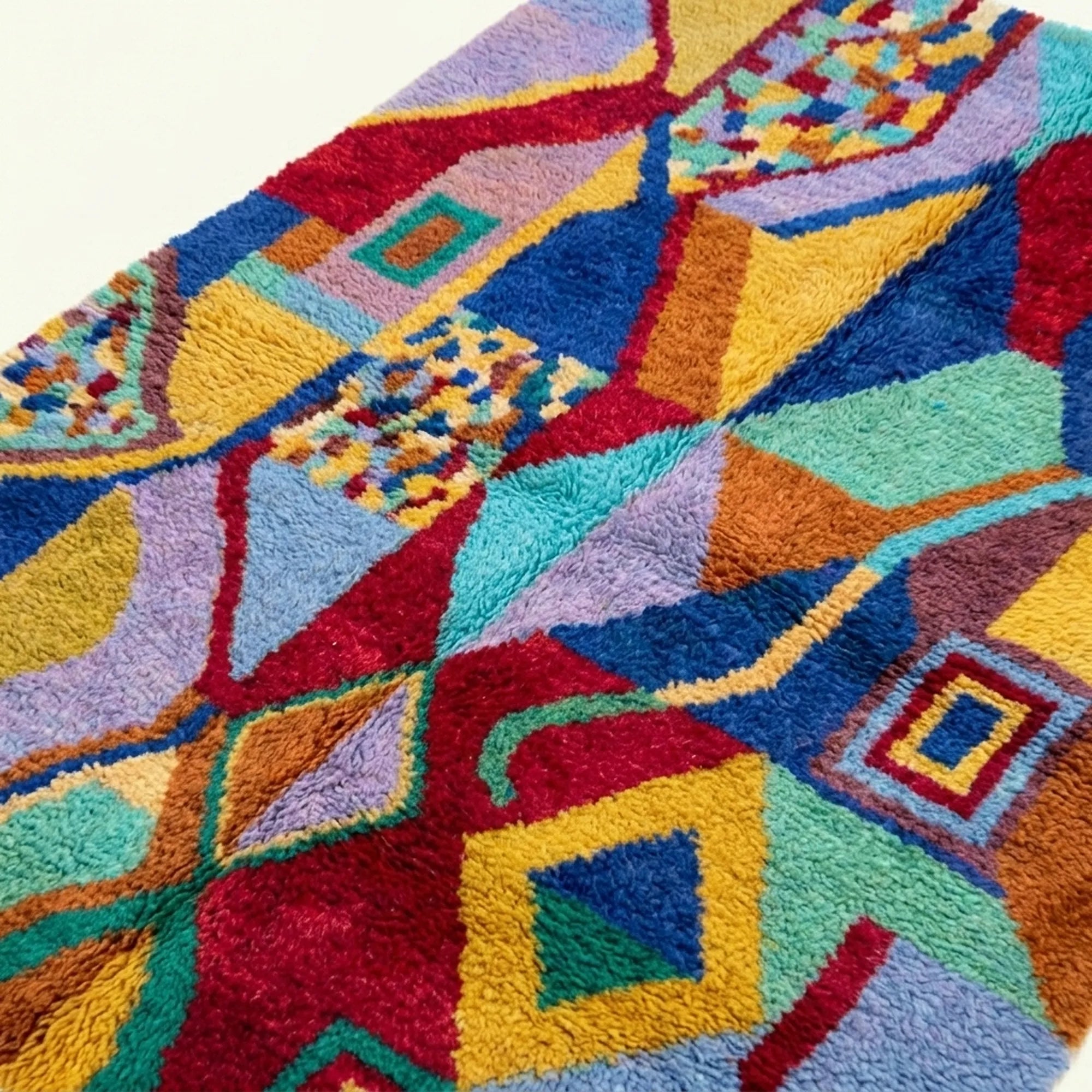 Detail view of the Tifawt Boujaad rug showing its colorful handwoven pattern.