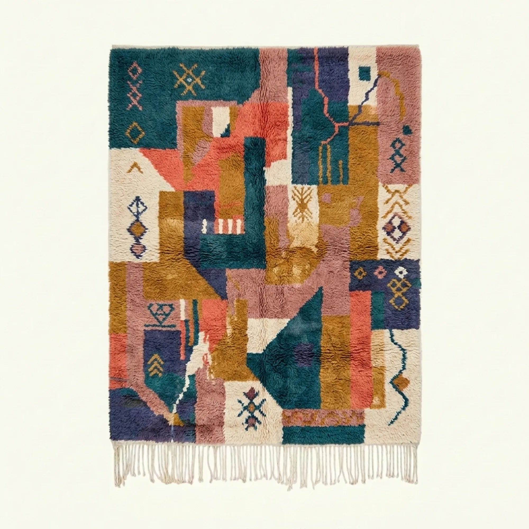 Full view of the Tazmara Boujaad rug in teal, coral, ochre, blush and cream with abstract patchwork symbols