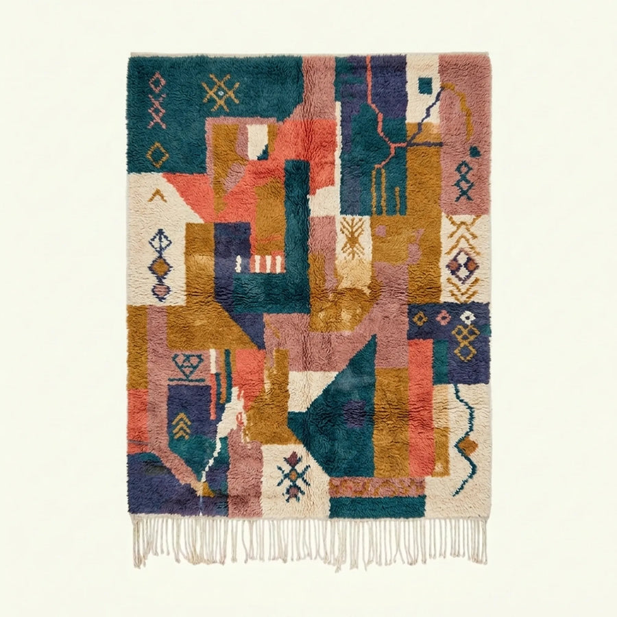 Full view of the Tazmara Boujaad rug in teal, coral, ochre, blush and cream with abstract patchwork symbols