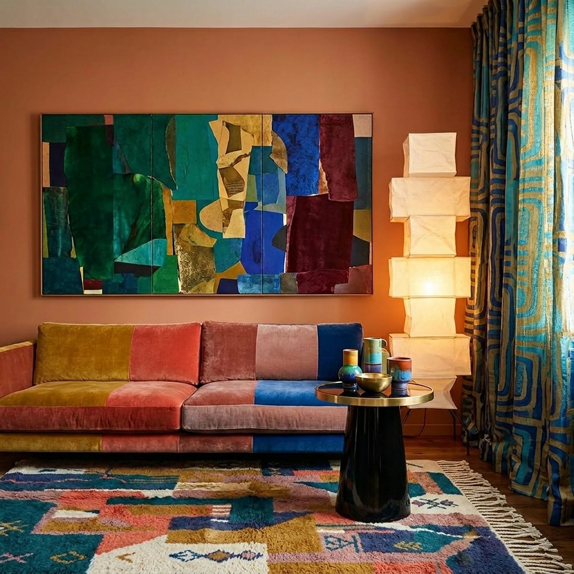 Tazmara Boujaad rug styled in a living room with its colorful abstract patchwork design visible