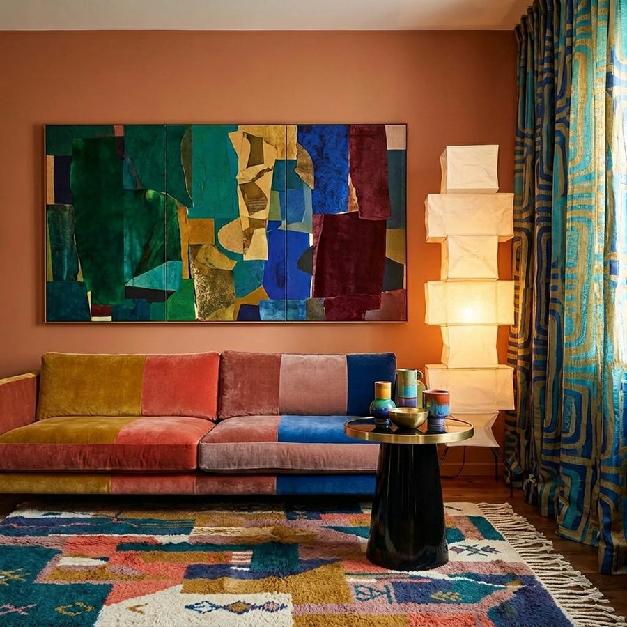Tazmara Boujaad rug styled in a living room with its colorful abstract patchwork design visible