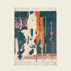 Full view of the Tafraout Boujaad rug in teal, cream, orange and purple with painterly vertical bands and abstract symbols