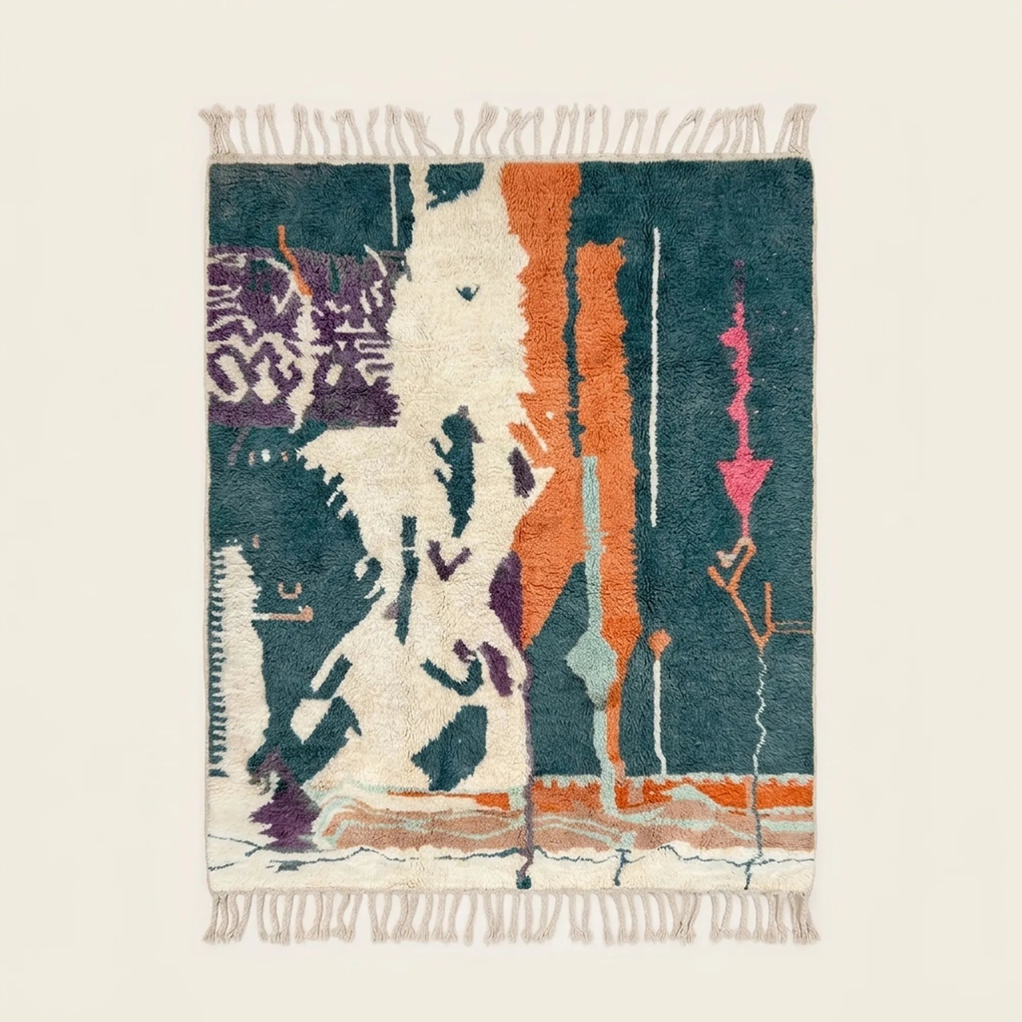 Full view of the Tafraout Boujaad rug in teal, cream, orange and purple with painterly vertical bands and abstract symbols