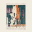 Full view of the Tafraout Boujaad rug in teal, cream, orange and purple with painterly vertical bands and abstract symbols