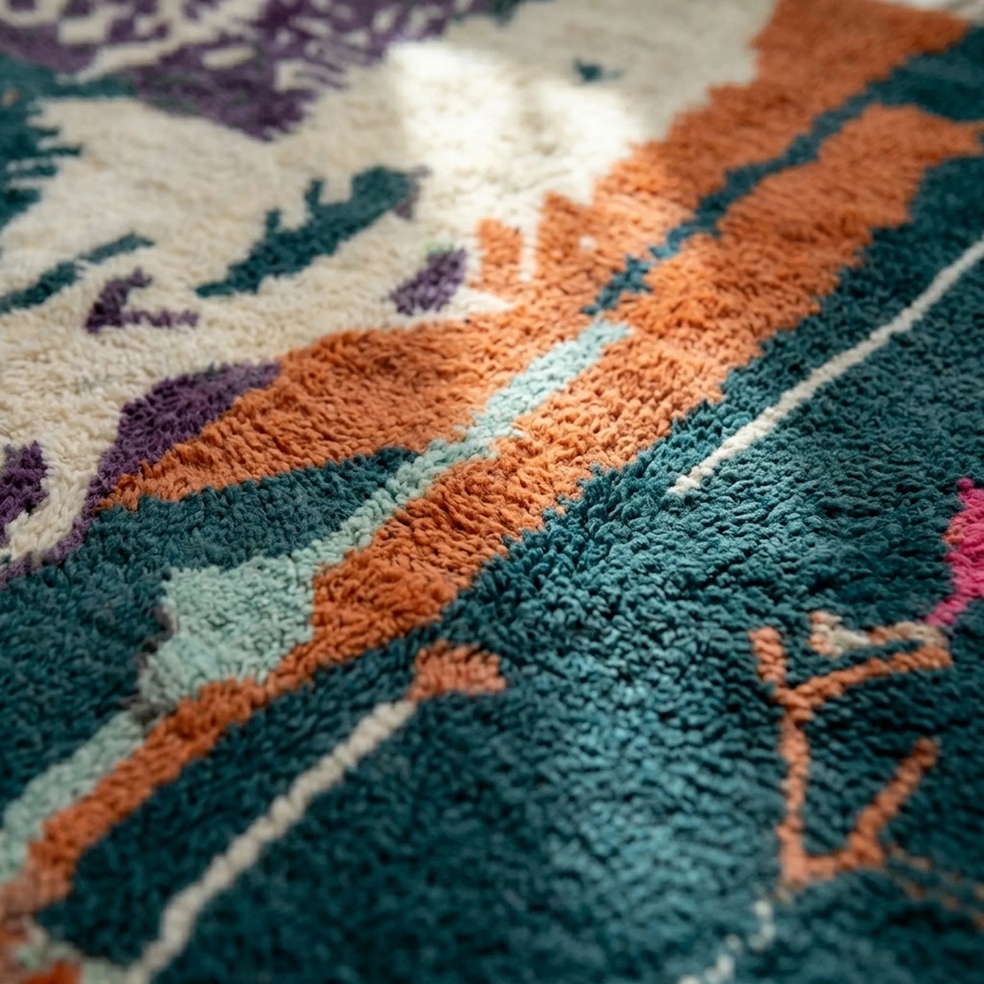 Close-up of Tafraout showing orange and turquoise vertical bands beside cream abstract marks