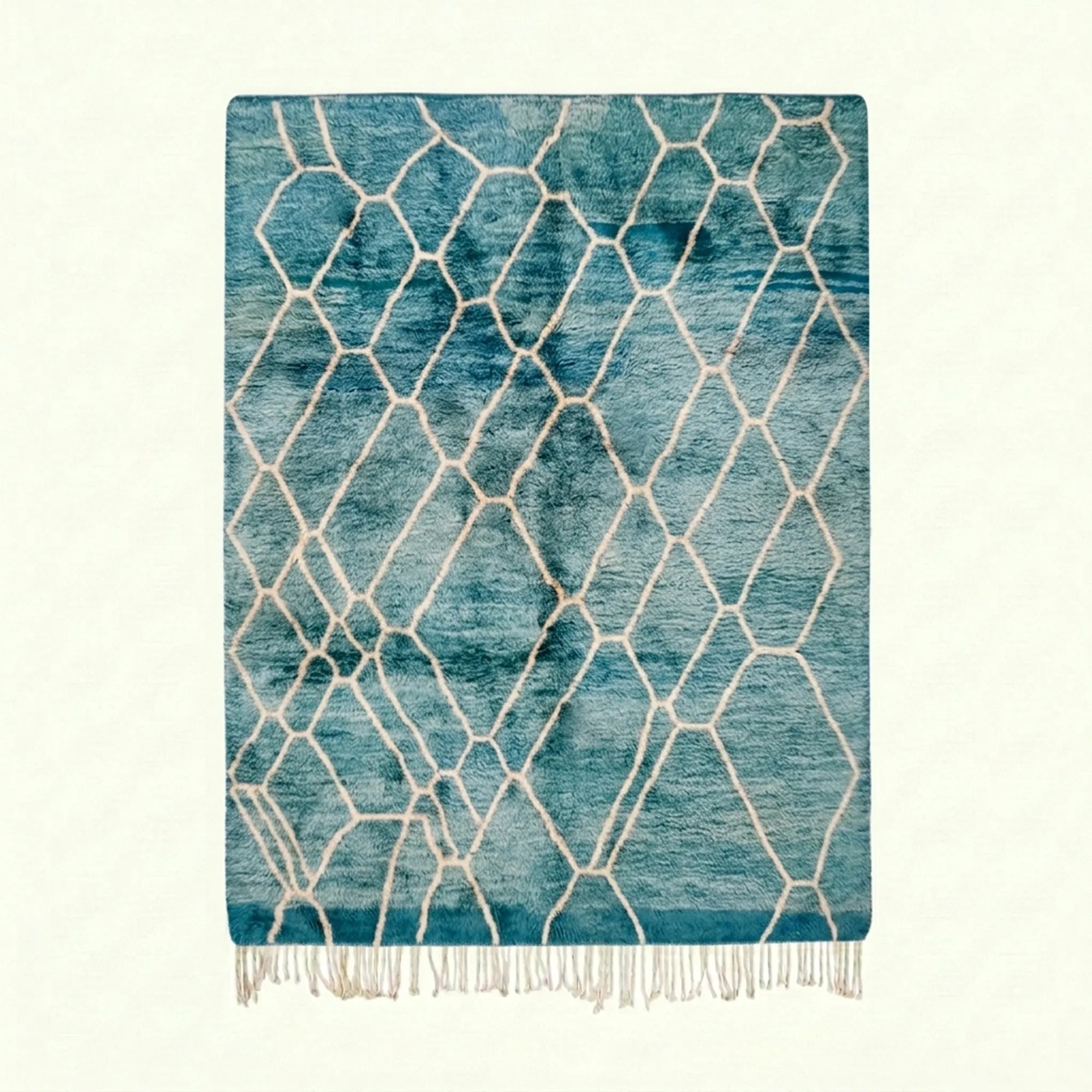 Teal and ivory Mrirt rug Afer with organic lattice pattern, full rug view