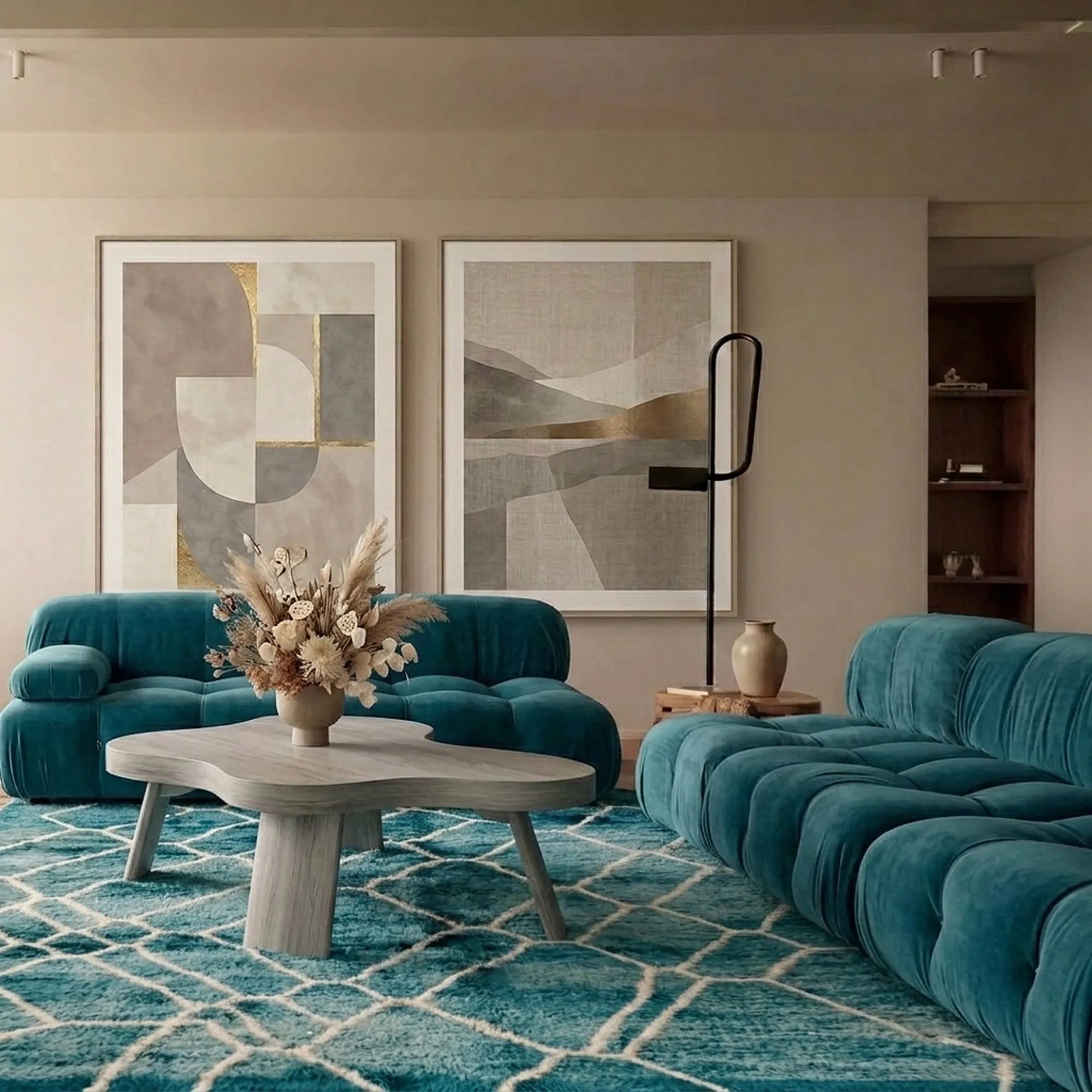 Teal and ivory Mrirt rug Afer styled in a living room