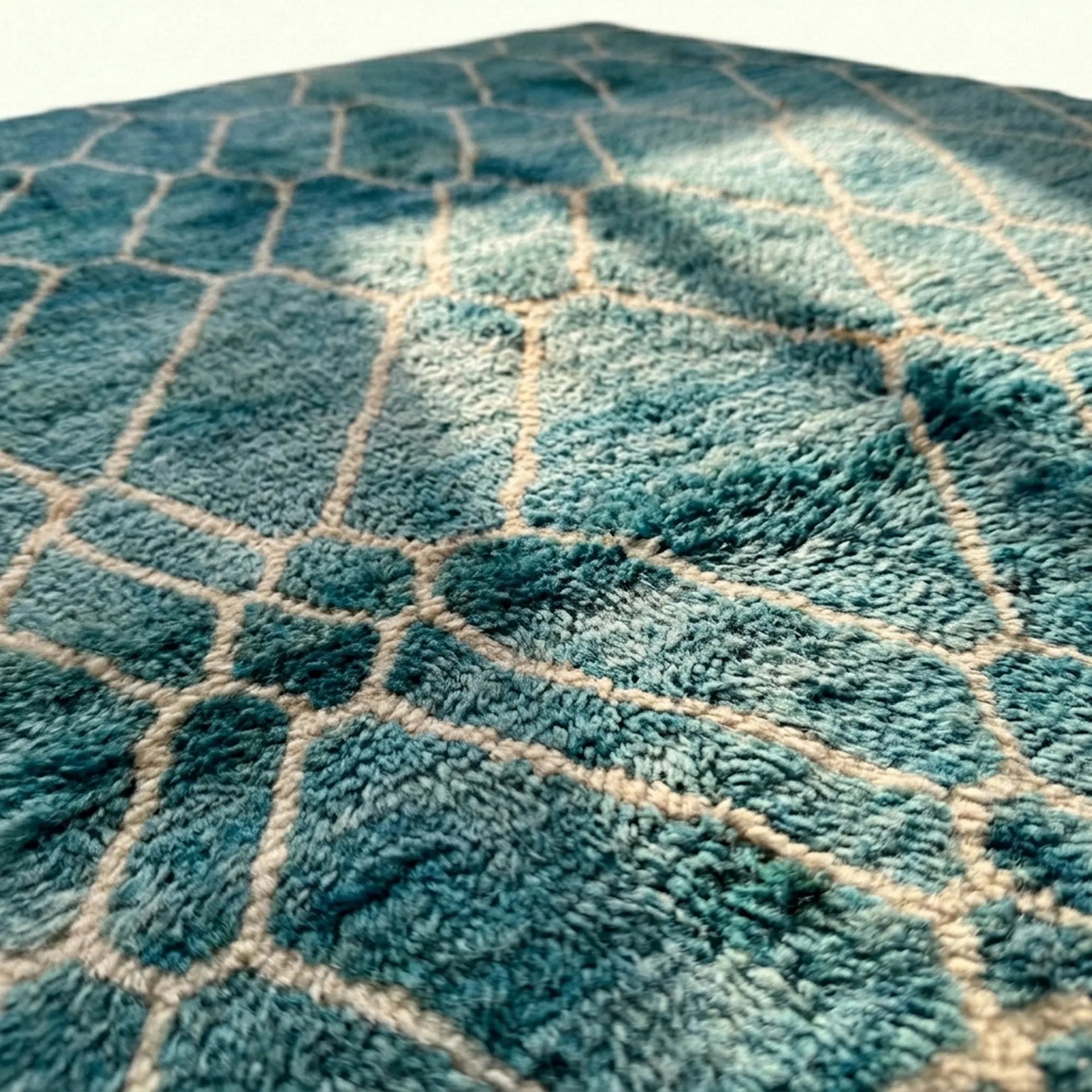 Teal and ivory Mrirt rug Afer pile and fringe detail