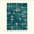 Teal and ivory Mrirt rug Izerfan with abstract grid pattern, full rug view