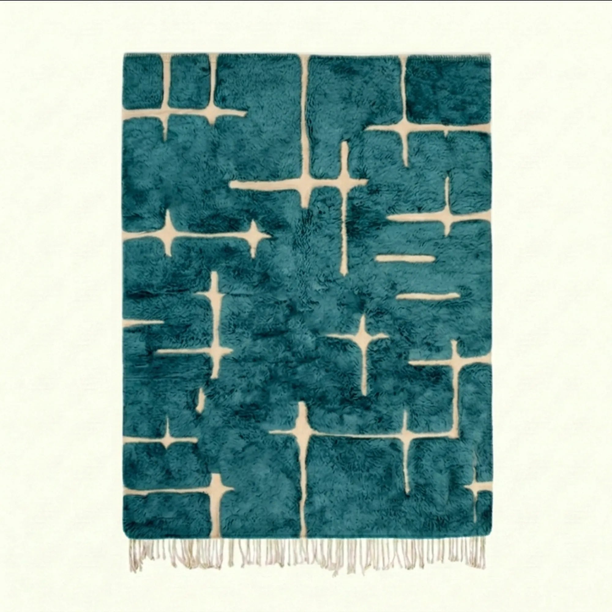 Teal and ivory Mrirt rug Izerfan with abstract grid pattern, full rug view