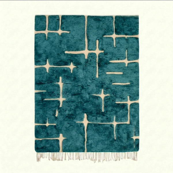 Tapis Mrirt Bleu Canard et Ivoire – Quadrillage abstrait – Izerfan