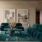 Teal and ivory Mrirt rug Izerfan styled in a living room