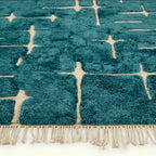 Teal and ivory Mrirt rug Izerfan fringe and pattern detail