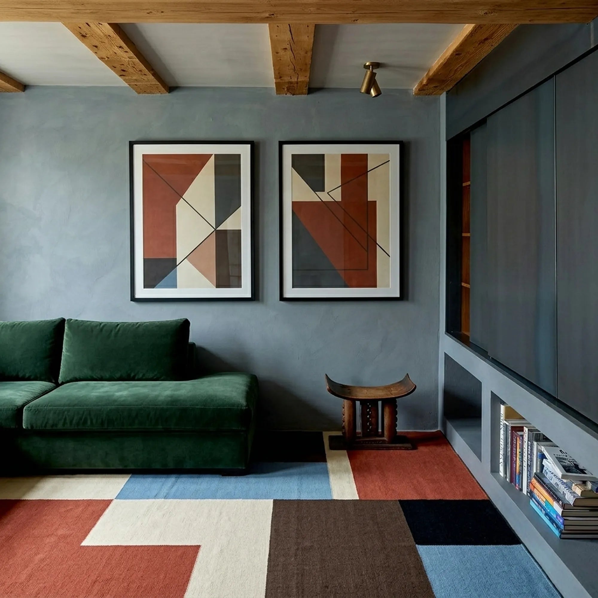 Blue Zanafi rug Telouet with color blocks in a contemporary living room