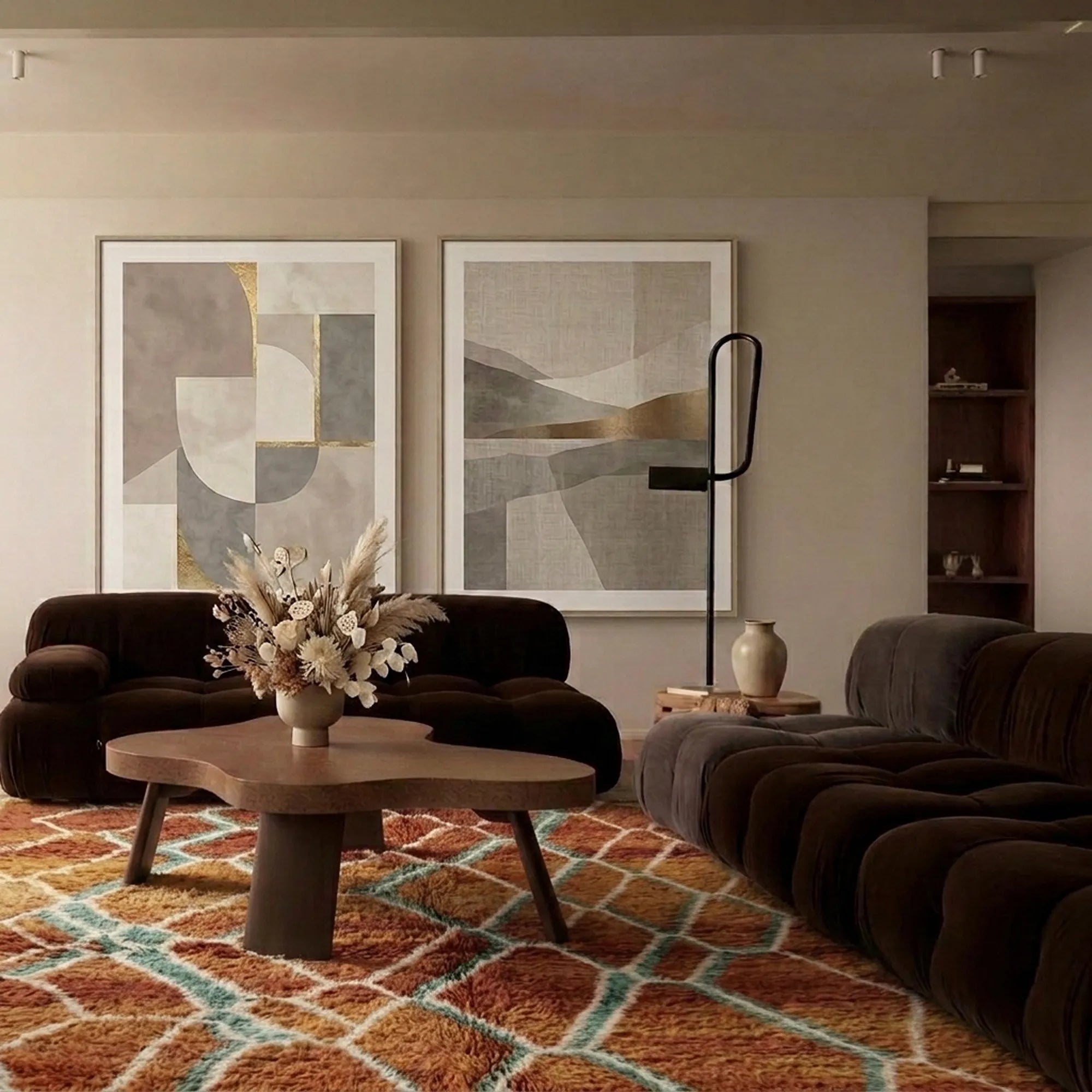Terracotta and aqua Mrirt rug Amsaw styled in a living room